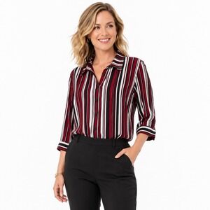 Catherines 3X Striped Blouse Women Plus Size Red Black Career Button Shirt